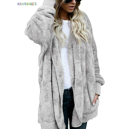 BadPiggies Plus Size Women Hooded Cardigans Fuzzy Fleece Winter Open Front Long Sleeve Solid Jacket Coats Outwear with Pockets (4XL, Gray)