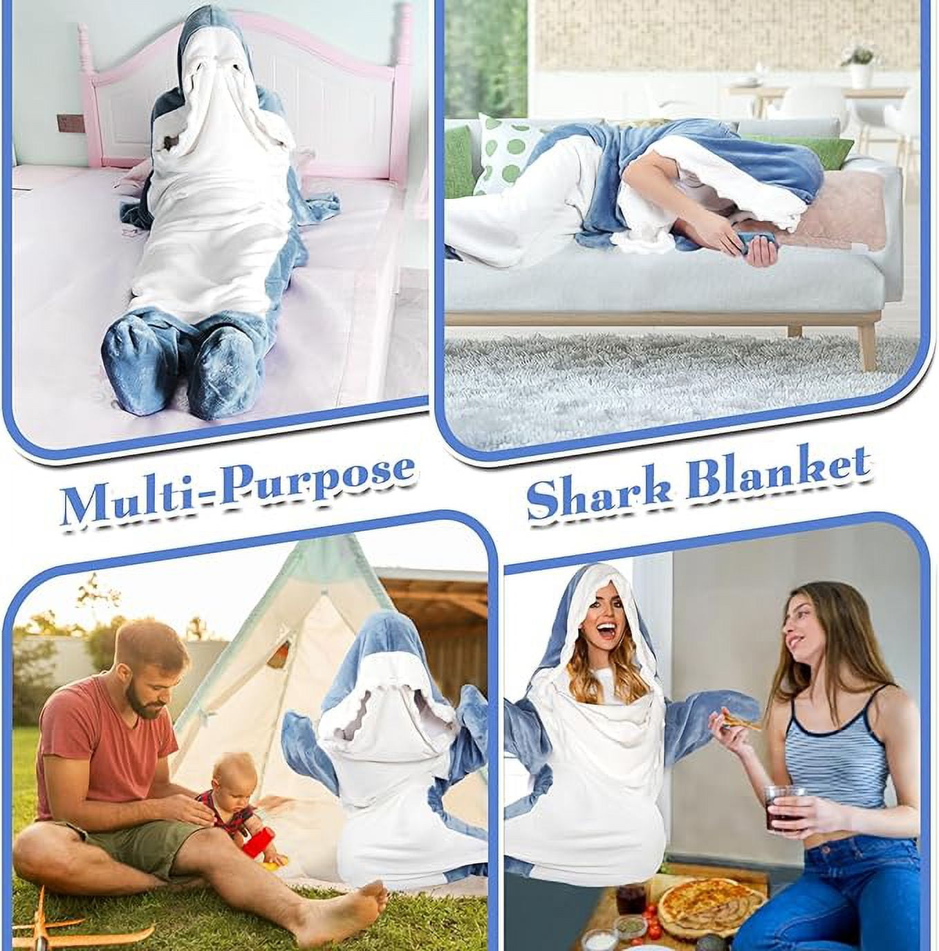 XXXL Size Flannel Shark Blanket Hoodie, Soft Cozy Warm Wearable Shark Blanket, Funny Shark Onesie Sleeping Bag Blanket，Wearable shark blanket hoodie cartoon animal one-piece blanket(Blue）
