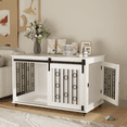 thumbnail image 3 of 39.37'' Modern Wooden Dog Crate Furniture with Sliding Barn Door and Side Door, Indoor Dog Kennel End Table for Small to Medium Dogs, Decorative Pet Crate with Metal Bars and Lockable Wheels – White, 3 of 8