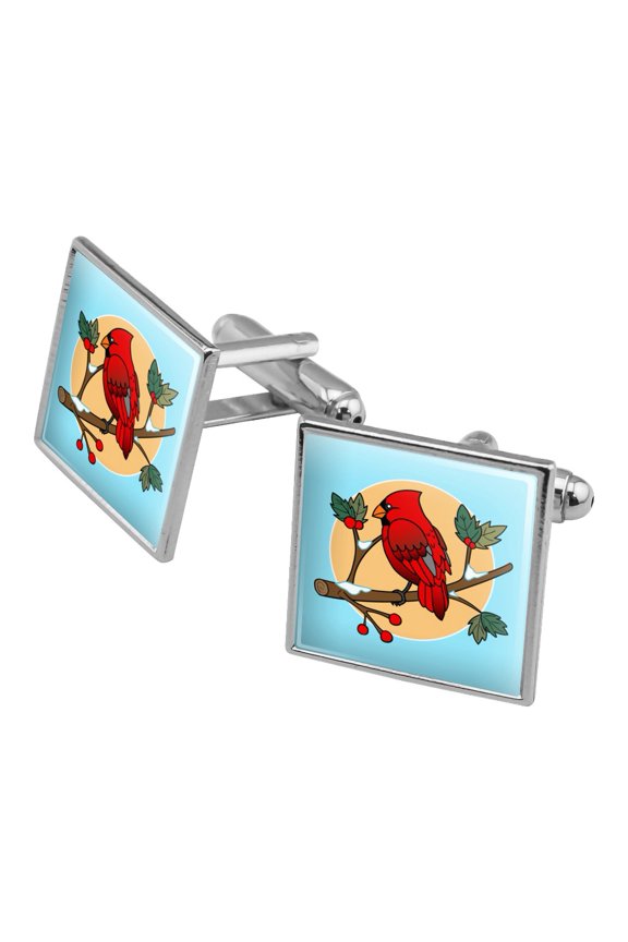 Red Cardinal on Snowy Holly Branch Square Cufflink Set - Silver or Gold