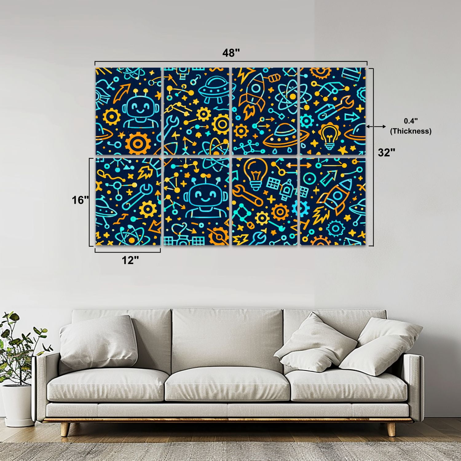Classroom 8 Pack Art Acoustic Panels Sound Absorbing Colorful Science Technology Robots Rockets UFOs Icons Decorative Soundproof Wall Panels Self Adhesive for Nursery Kids 48"x32"