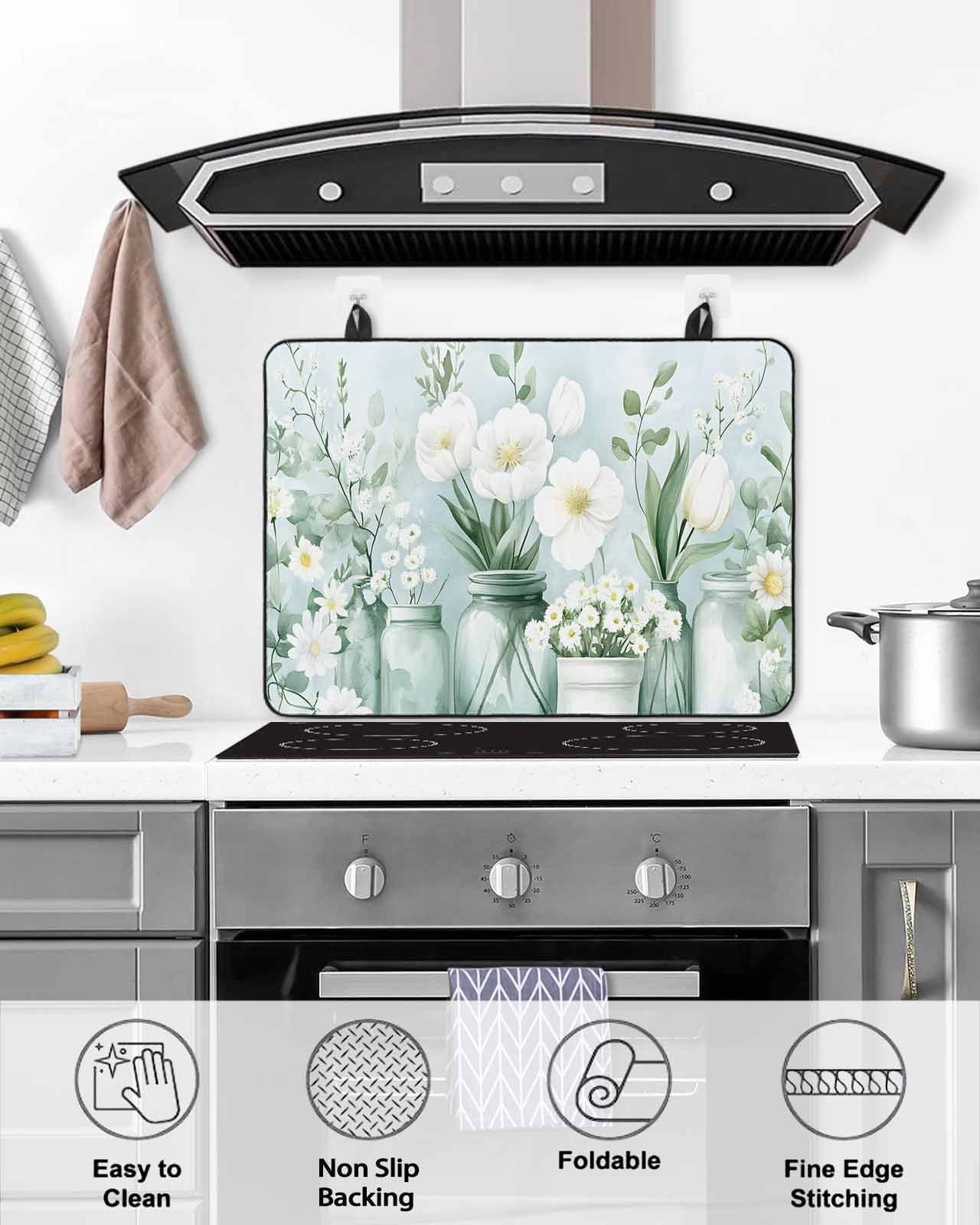 nqOlkjepod Large Induction Cooktop Protector Mat 36"x21", Teal Flower Stove Top Covers for Electric Stove, Vase Botanical Watercolor Summer Decorative Stove Burner Cover Mats, Glass Top Stove Cover