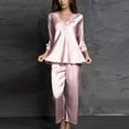 thumbnail image 5 of Mrat 2 Piece Trendy Sweatsuit Satin Pajama Set Long Sleeve V-Neck Shirt with Long Pajama Pant Set Soft Loungewear Outfits S-44 Pink-A XL, 5 of 7