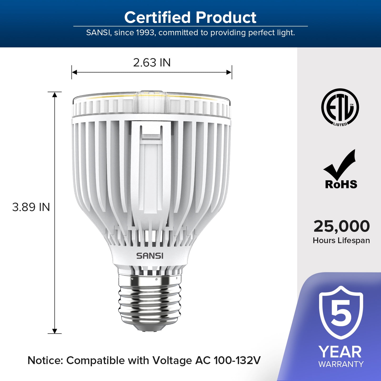 SANSI 40 Watts (400W Equiv) A19 LED Light Bulb, 5500 Lumens, E26 Base, 5000K Daylight Non-Dimmable