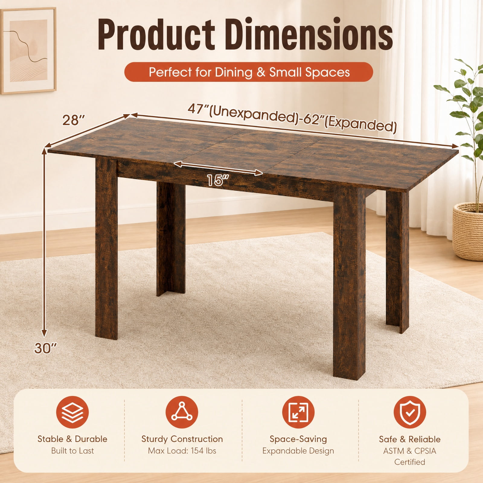 Furnibear Extendable Dining Table for 4 to 8 People with Sliding Rails and Thick L Shaped Legs for Kitchen and Dining Room, Rustic Brown