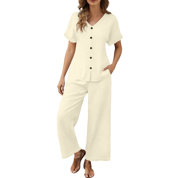 ibuvkizy Women's 2 Piece Casual Outfit Set V Neck Button Front Short Sleeve Tops with Lace Trim & Elastic Waist Cropped Wide Leg Pants with Pockets,Lightweight Linen Blend Summer Matching Suit