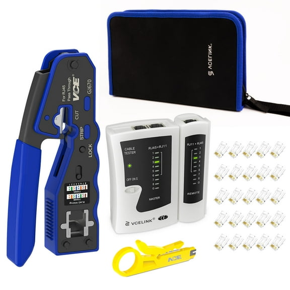 VCELINLK RJ45 Crimp Tool Kit, Ethernet Crimping Tool Set with 25PCS Cat6 RJ45 Pass Through Connectors & Protection Boots, Network Cable Tester, Wire Stripper and Wire Cutter in a Cloth Bag