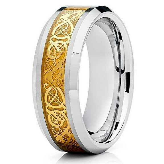 8mm Polished Silver Tungsten Carbide Wedding Ring Yellow Gold Dragon Center Beveled Edge Band 6