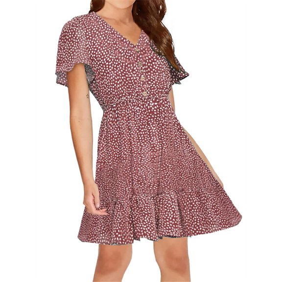 Langwyqu Polka Dots Print Girls V-Neck Short Sleeved Button Down Ruffle Dress For 5-14 Years