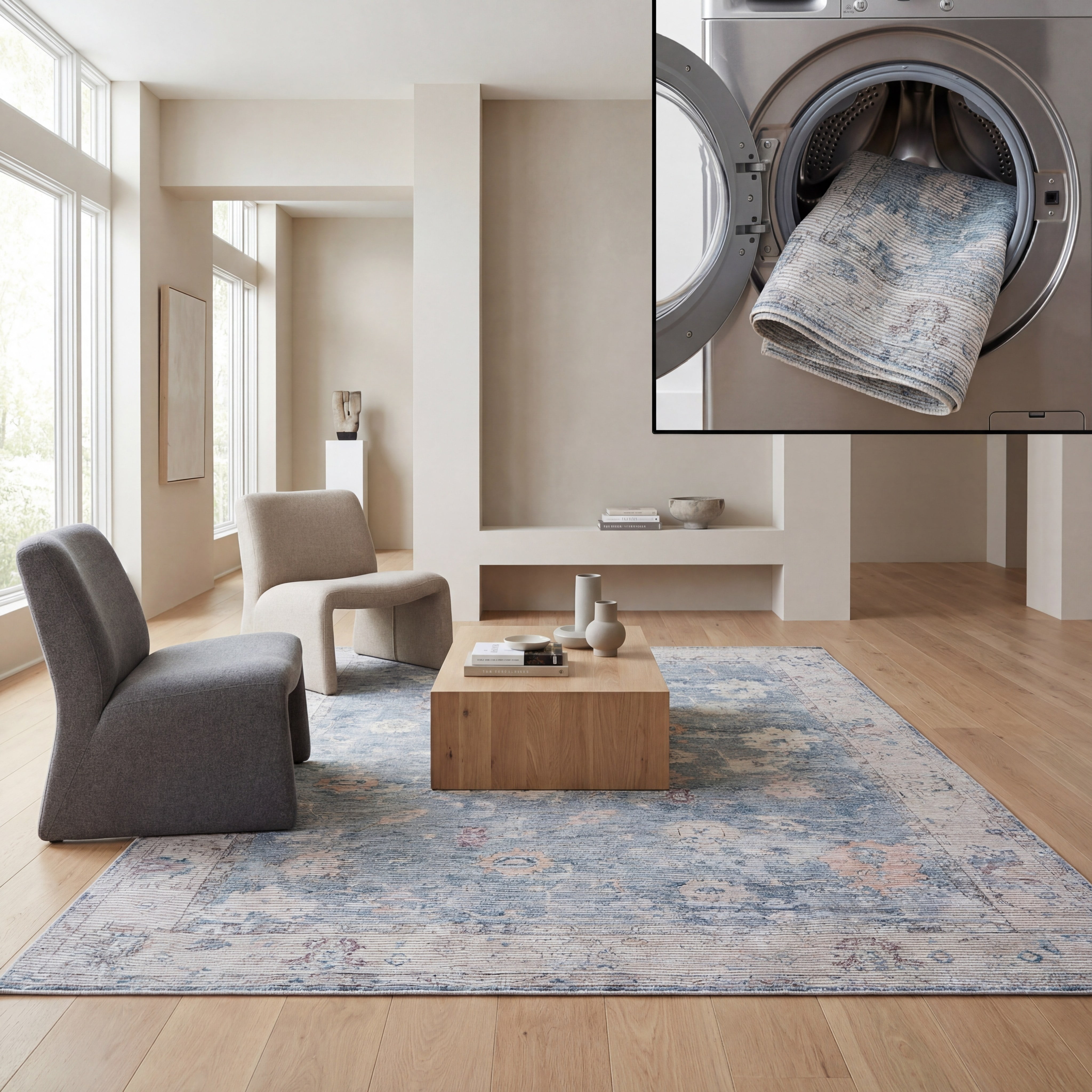 SAFAVIEH Serapi Maximillian Oriental Machine Washable Area Rug, Blue/Beige, 9' x 12'