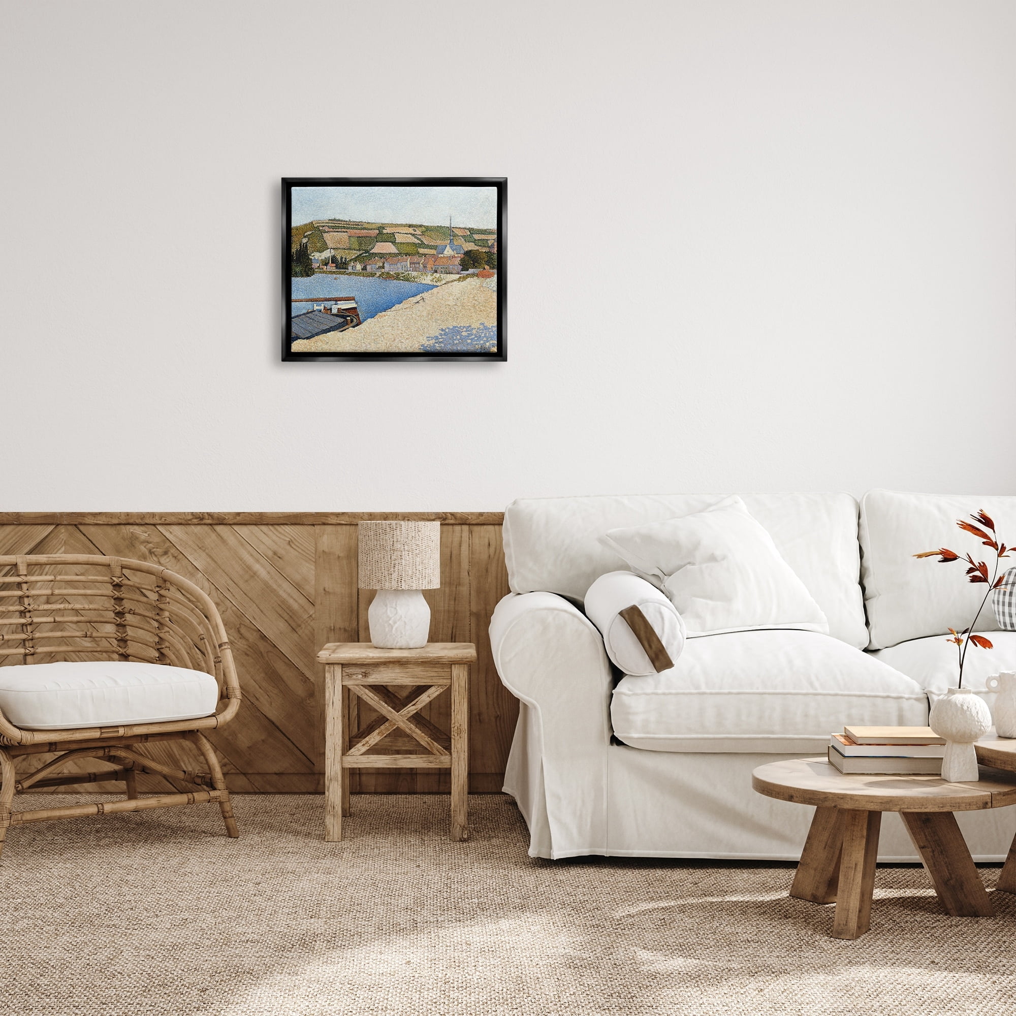 Stupell Industries Rural Waterside Town Boat Dock Distant Farmland Painting Luster Gray Floating Framed Canvas Print Wall Art, Design by Lettered and Lined