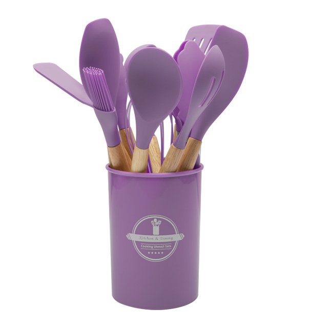 Juego de 12 utensilios de cocina con mango de madera de silicona, utensilios de cocina anticalor, pala para wok, cuchara de silicona, utensilios de cocina de silicona