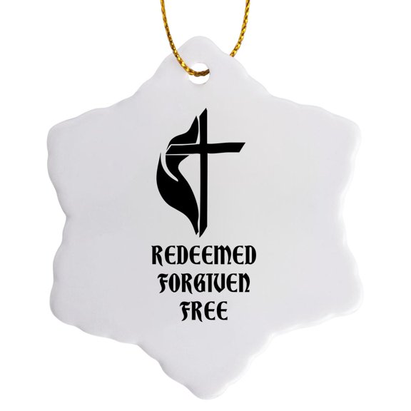 3drose, Cross, Veil, the Text Redeemed, Forgiven, Free on White, 3 inch Snowflake Porcelain Ornament