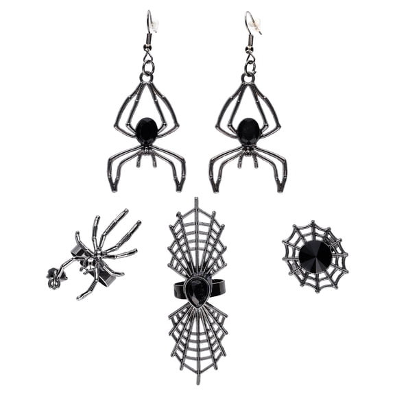 Spider Rings and Earrings Costume Accessory Set for Adults, Black, 5 Pieces, Halloween by Way To Celebrate