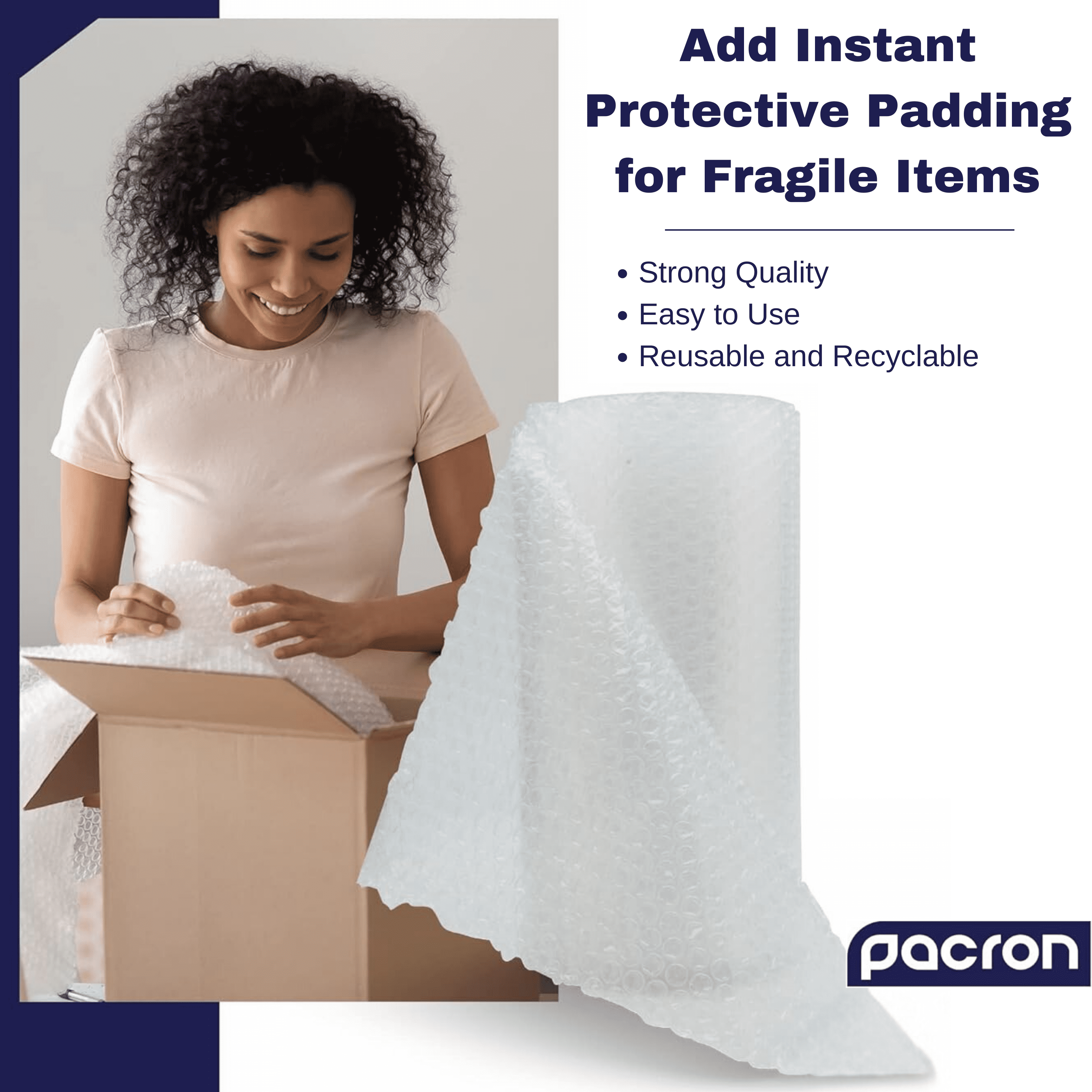 Pacron Clear Bubble Wrap Roll 250FT x 12IN, 3/16" Small Bubble Roll, 1 Pack - Perforated, Durable Plastic Wrap for Shipping, Moving, & Storage