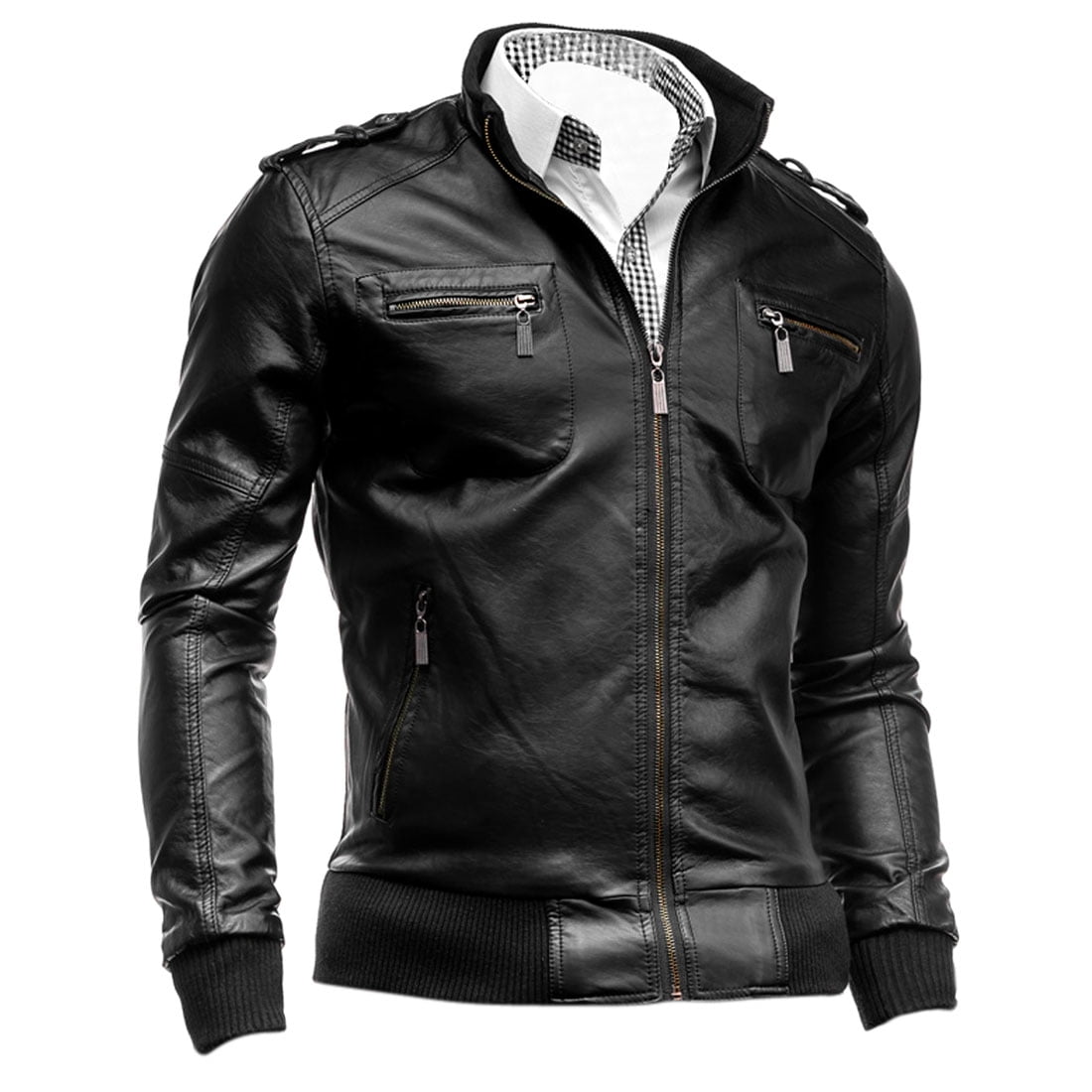 Mens Leather Side Lace Police Style Motorcycle Jacket
