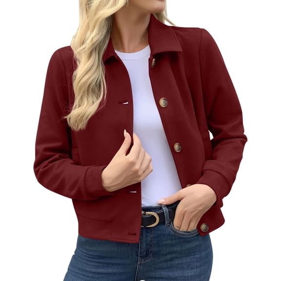 DeHolifer Womens Jackets Casual Solid Color Cropped Coats Button Down Winter Shackets Wine L