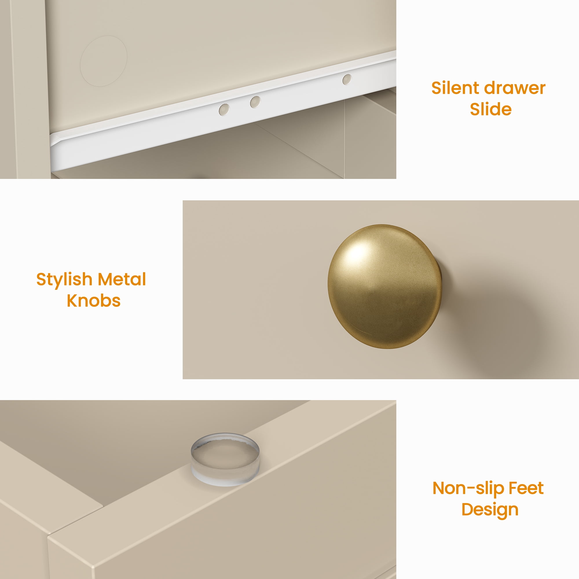 May in Color 3 Drawer Nightstand Set of 2, Modern Wood End Table with Gold Knobs, Beige