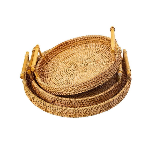 Cheers.US Handmade Rattan Round Woven Basket, Round Serving Tray with Handles, Food Serving Baskets, Basket, Great To Display Bread Or Fruit