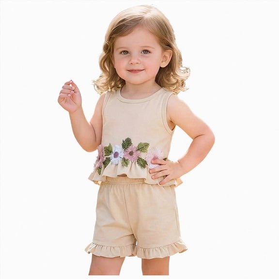 Xyant Toddler Baby Girl Clothes Knit Floral Fly Sleeve Tops Shorts Cute Summer Spring Outfits Infant Baby Girl Clothing Set (Beige,2-3 Years)