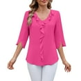 thumbnail image 2 of Ajshakl Pink V-Neck Casual Womens Tops Dressy Casual, 2025 Chiffon Shirt Mid Sleeved Pleated Ruffled Loose Top Mid Sleeved Top, 2 of 7