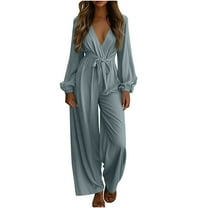 UPPADA Jumpsuits for Women Dressy Fall Deep V Neck Long Sleeve Wide Leg Pants Romper One Piece Travel Outfits Outwear Gray,L