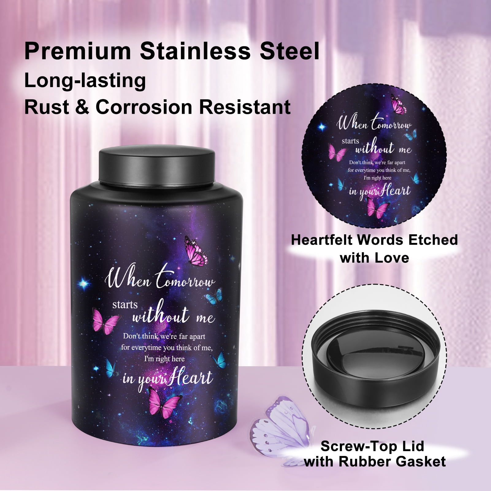 XIUDA 10 Inches Cremation Urns for Human Ashes Keepsakes Urns Purple Butterfly Urn for Human Ashes Decorative Urns for Adult Male Memorial Stainless Steel Funeral Burial Um - Up to 200 lbs