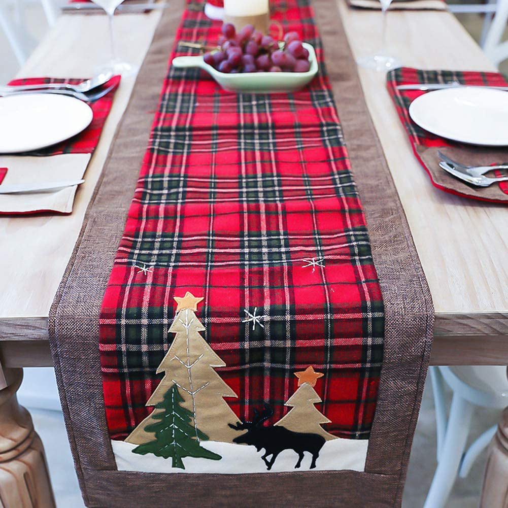 13x71 inch Christmas Table Runner Xmas Holiday Kitchen Dining Table Decoration for Indoor Xmas Holiday Table Runner Decor Black White Plaid Table Runner Printed with Snowflake Christmas Gnomes