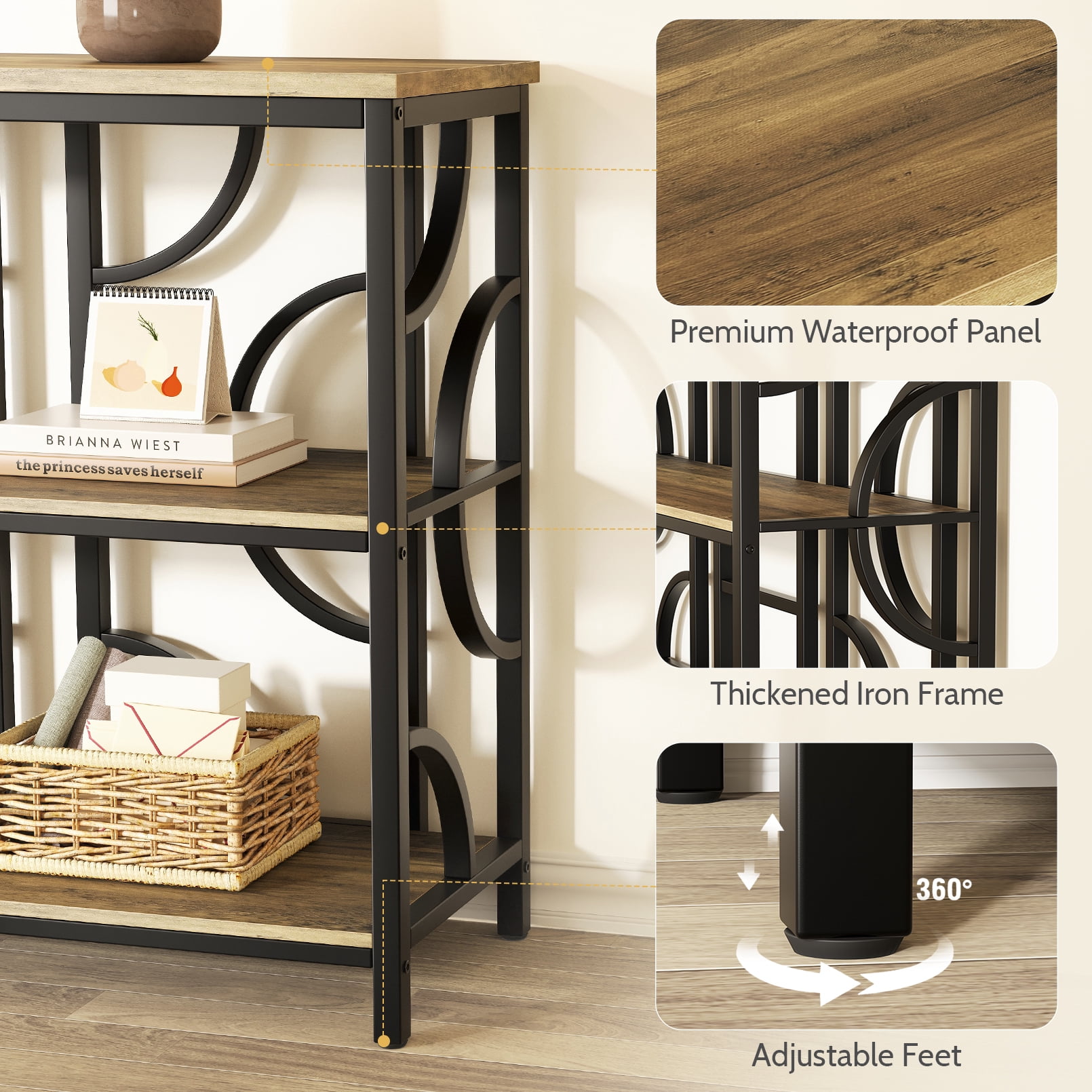 Vividwood 55'' Industrial Sofa Table, 3-Tier Storage Console Table with Unique Geometric Design, Behind Couch Accent Table for Entryway, Living Room, Foyer, Hallway, Office - Rustic Brown