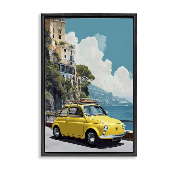 Stupell Industries Contemporary Yellow Car on Coast Black Floating Frame Canvas Art, 17 x 25, by Petals Prints Design