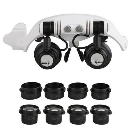 LED Double Eye Magnifier, Illuminated Double Eye Jeweler Watch Repair Magnifying Glasses Loupe Headband Magnifier (10X 15X 20X 25X Magnifications)