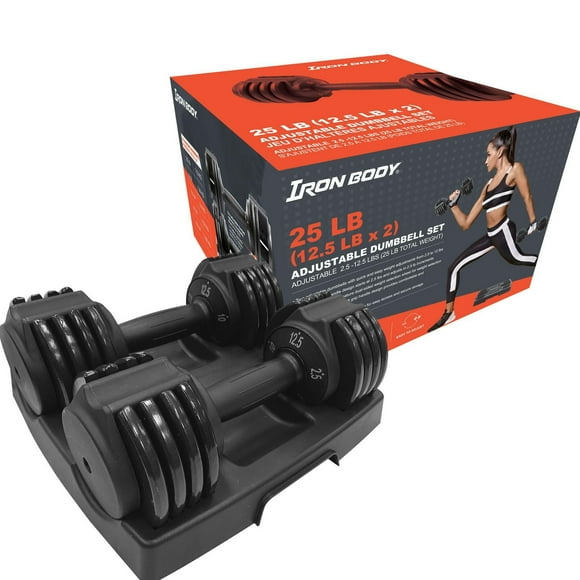 IBF Iron Body Fitness Adjustable Dumbbell Set - 25 lbs. (11.34 kg) - 2 x 12.5 lbs. (5.67 kg) - Easily adjusts in 2.5 lb. (1.3 kg) increments from 2.5 lbs. (1.3 kg) to 12.5 lbs. (5.67 kg) each - Improv