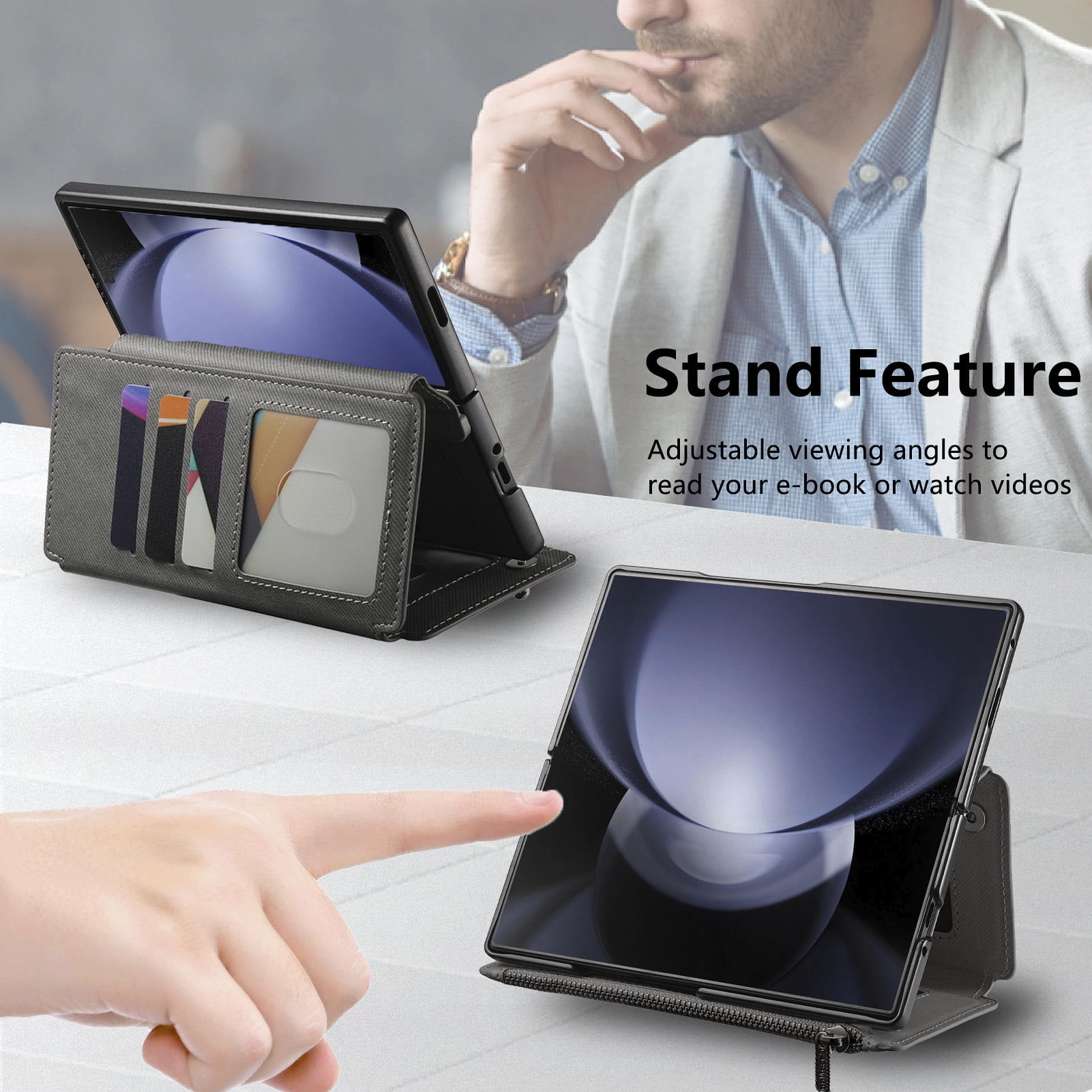For Samsung Galaxy Z Fold 6 Phone Case,2-in-1 Magnetic Detachable Flip,Flip Folding Kickstand,With Card Slots,Zipper Pocket,Ring Holder,Fit Wireless charging,Shockproof Phone Case,Gray