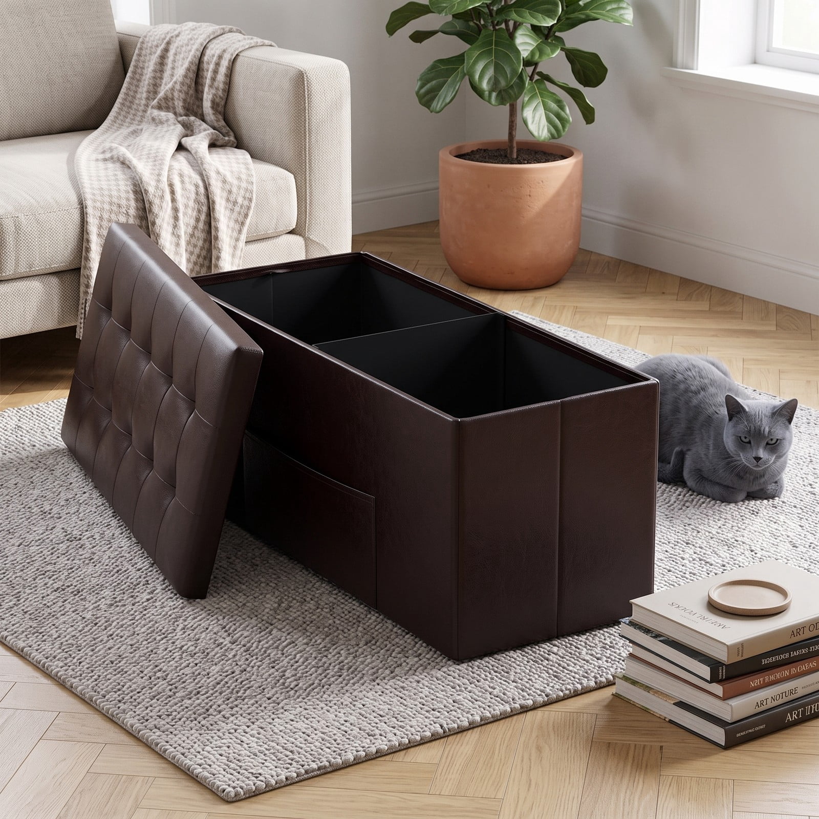 Furnibear 43 Inch Folding PU Leather Storage Ottoman Bench with Divider and Side Pocket for Living Room, Bedroom and Entryway, Brown