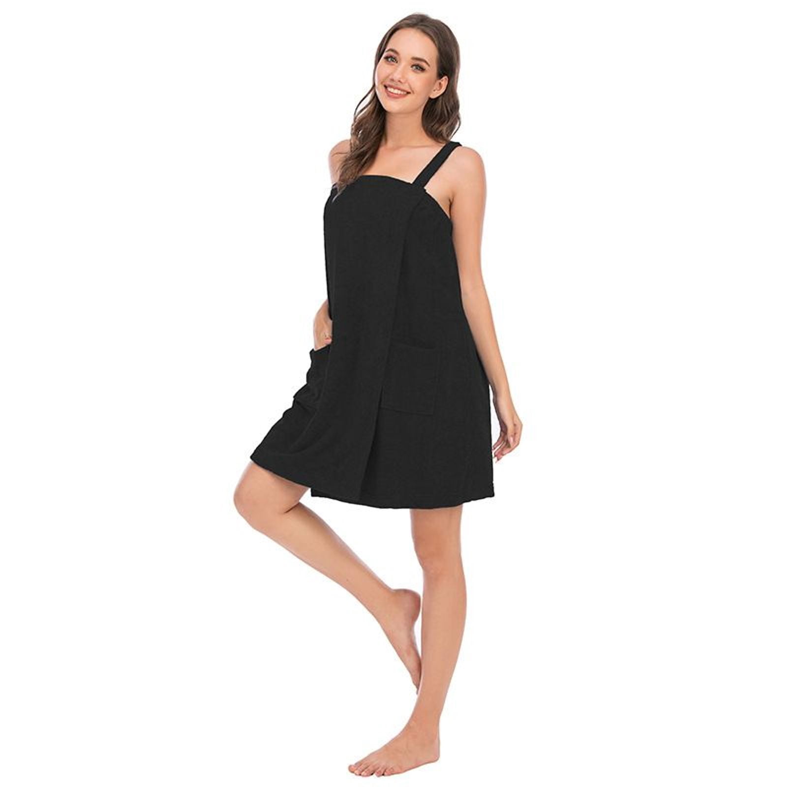 Defitshape Women's Terry Cloth Towel Wrap Bath Spa Soft Tank After Shower Dress Cozy Absorbent Bath Robe Sleeveless Shower Wrap Black 14