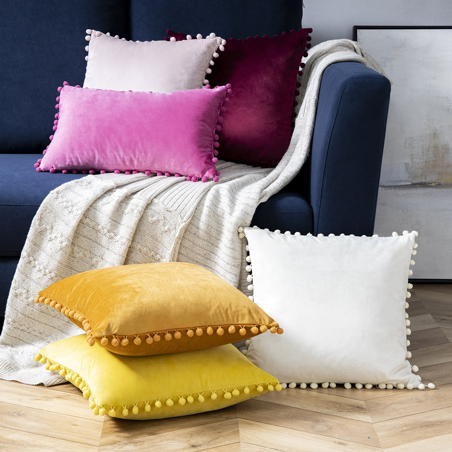 Phantoscope Velvet Series Pom Pom Square Decorative Throw Pillow, 18" x 18", Light Pink, 1 Pack