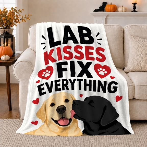 Affectionate Labrador Kisses Puppy Dog, Playful Pet Portrait Pattern, Warm Flannel Blanket for Living Room and Reading Nook, Dog Lovers Just Because Gift, Pet Lover Home Decor