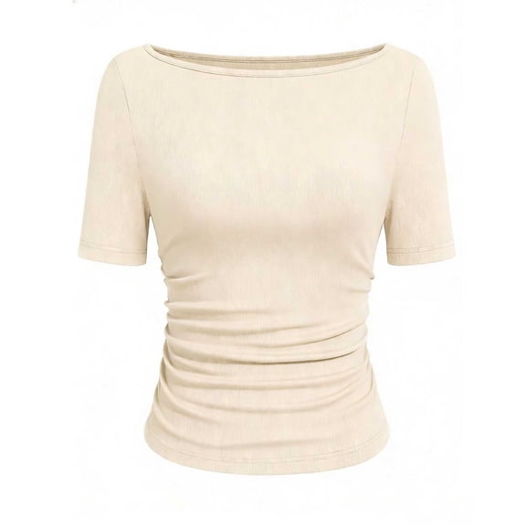 hoksml Women's Ribbed Boat Neck Elbow Sleeve Top, Side Ruched Slim Fit Crop Shirt for Summer Casual Wear