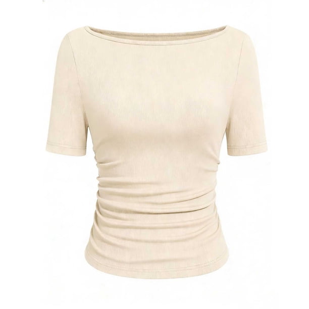 Tops Casuales sin Mangas para Mujeres Camiseta de Moda Blusa Elasticidad Suelta Cuello Redondo Tops de Color Sólido para Mujeres