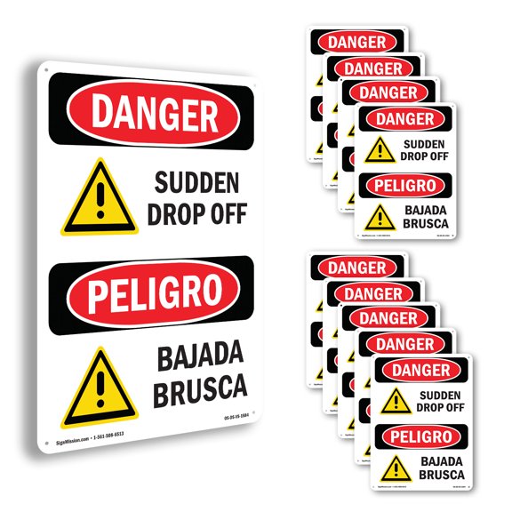Sudden Drop Off With Symbol Bilingual OSHA Danger Aluminum Sign 14 Inch x 10 Inch - 10 Pack