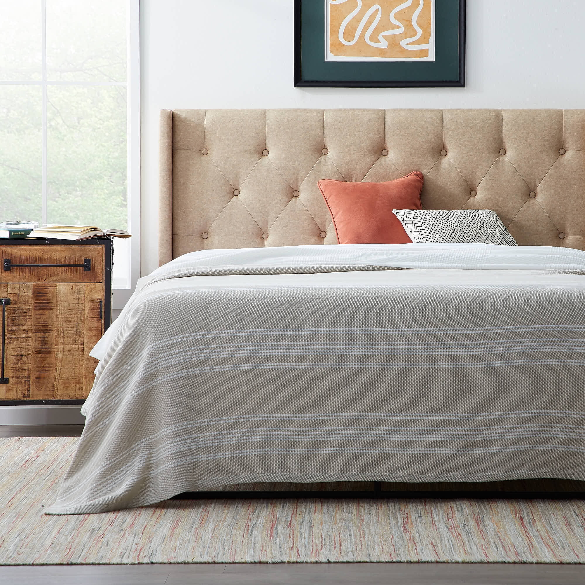 Rest Haven Button Tufted Upholstered Headboard, Queen, Beige