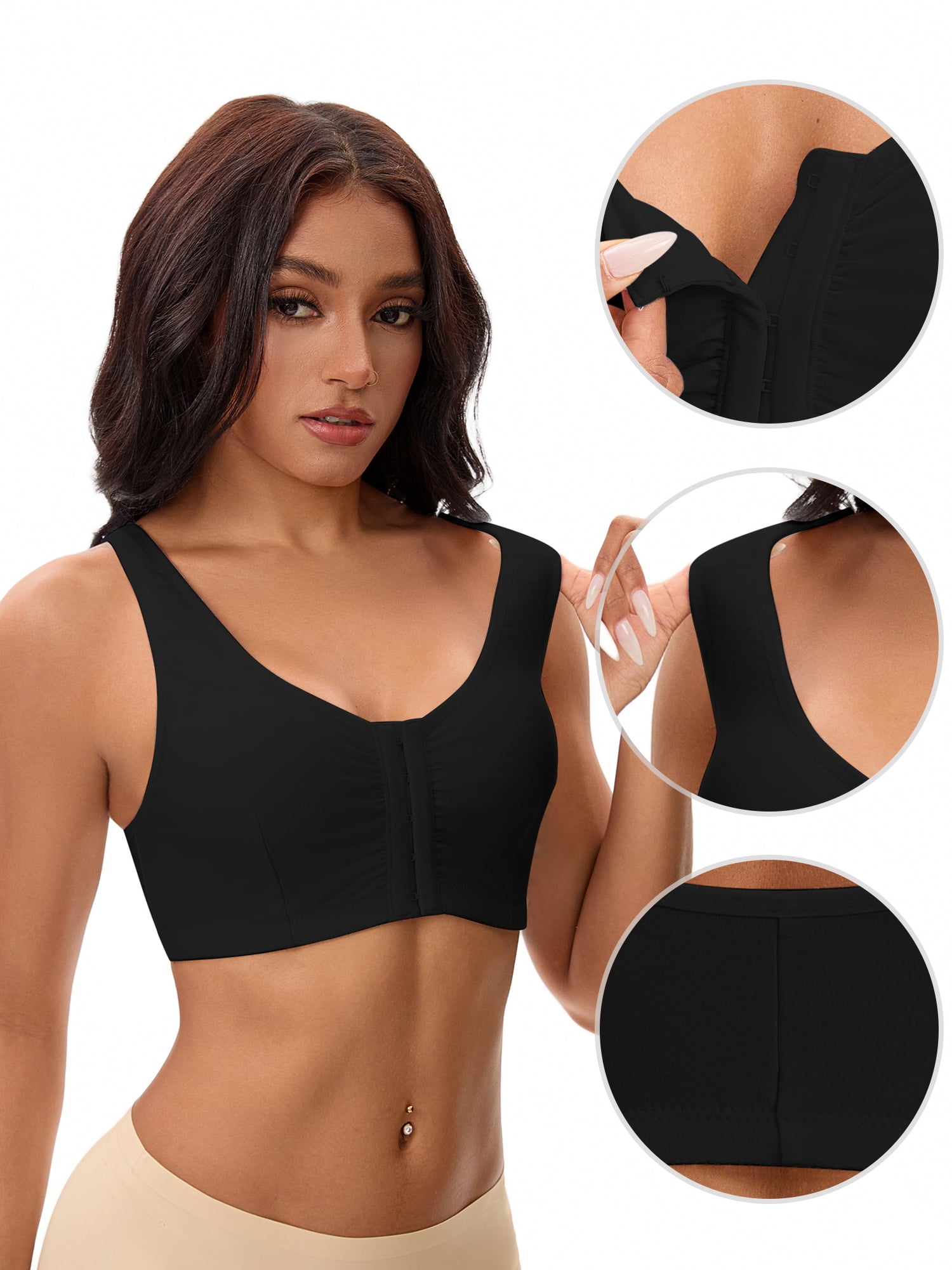 Unique Bargains Women's Front Closure Adjustable Strap Wirefree Workout Bras L Black
