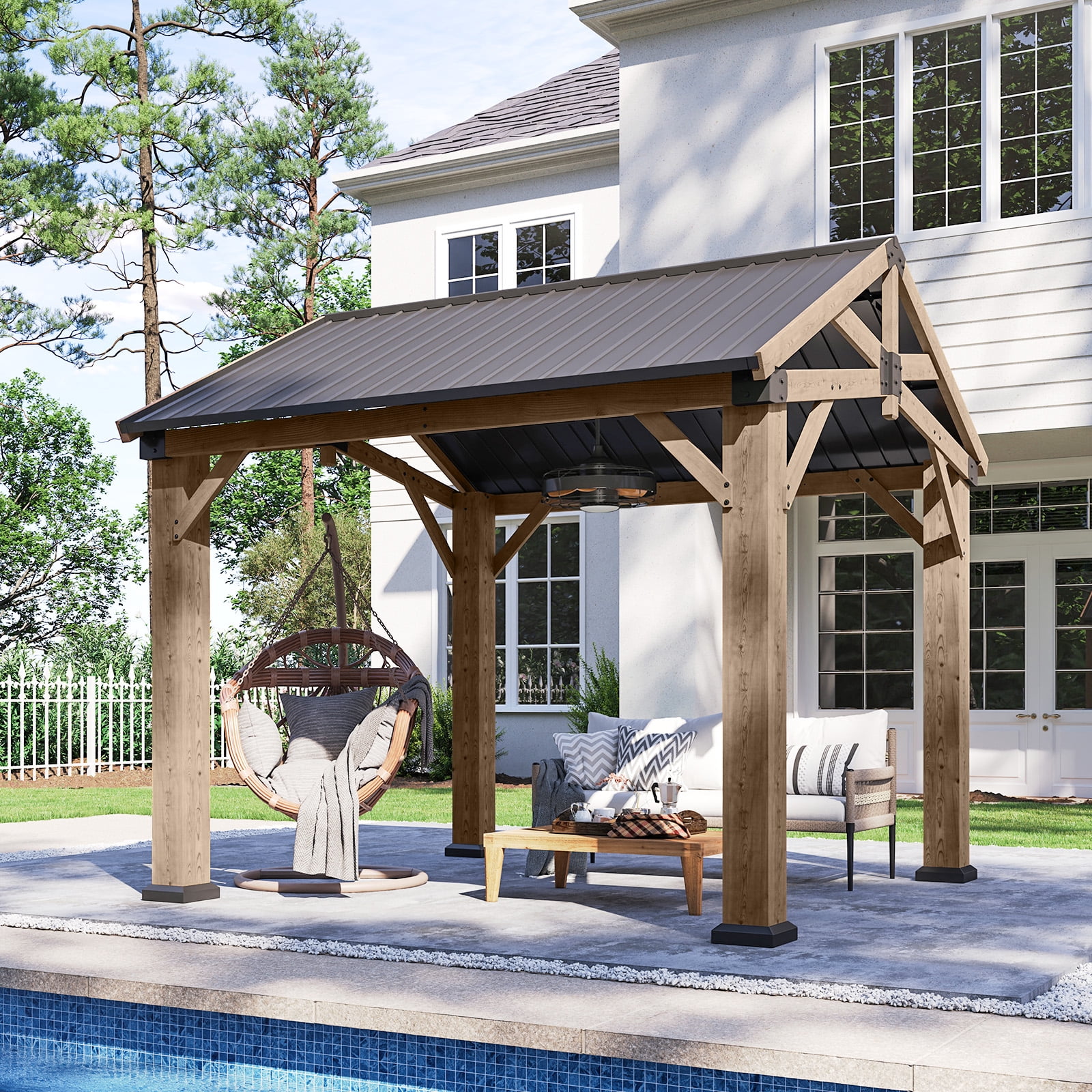 Dateyes 10' x 10' Outdoor Wood Gazebo, Hardtop Gazebo Permanent Wooden Pavilion with Galvanized Steel Gable Roof, for Patio, Garden, Backyard, Cedar Wood