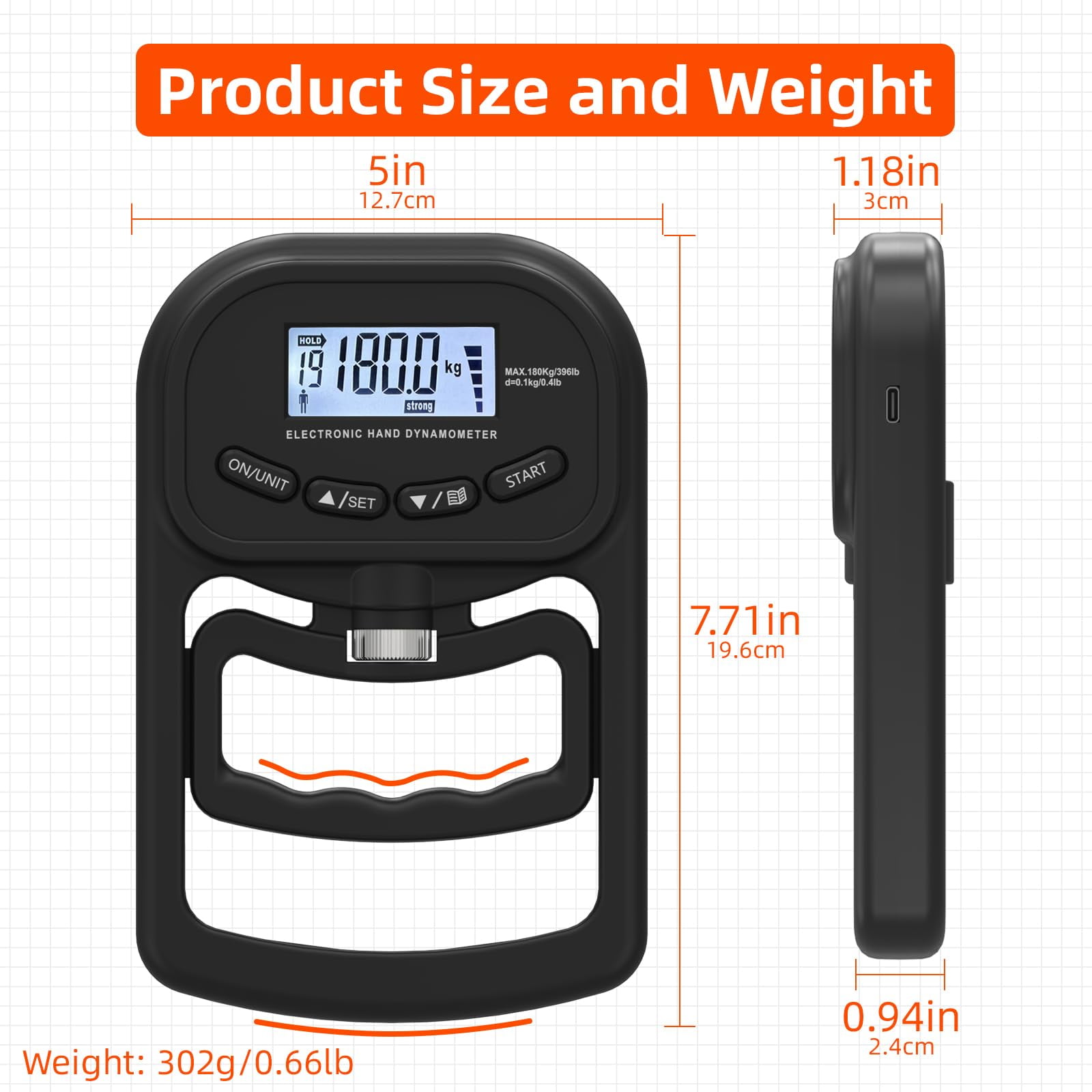 396lbs / 180kg Grip Strength Trainer, Rechargeable Electronic Hand Dynamometer, Digital Grip Strength Tester with LCD Display, （black）