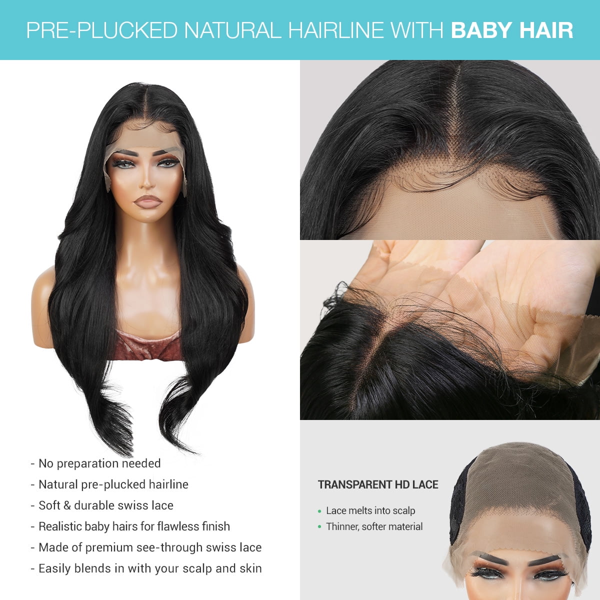 GLAM21USA HD LACE Front Wig 13X6 Deep Transparent Lace Frontal Wigs 28 Inch Human Hair Blend Pre Plucked Swiss Lace Long Heat Friendly Synthetic Wig - Tastee (1-JETBLACK)