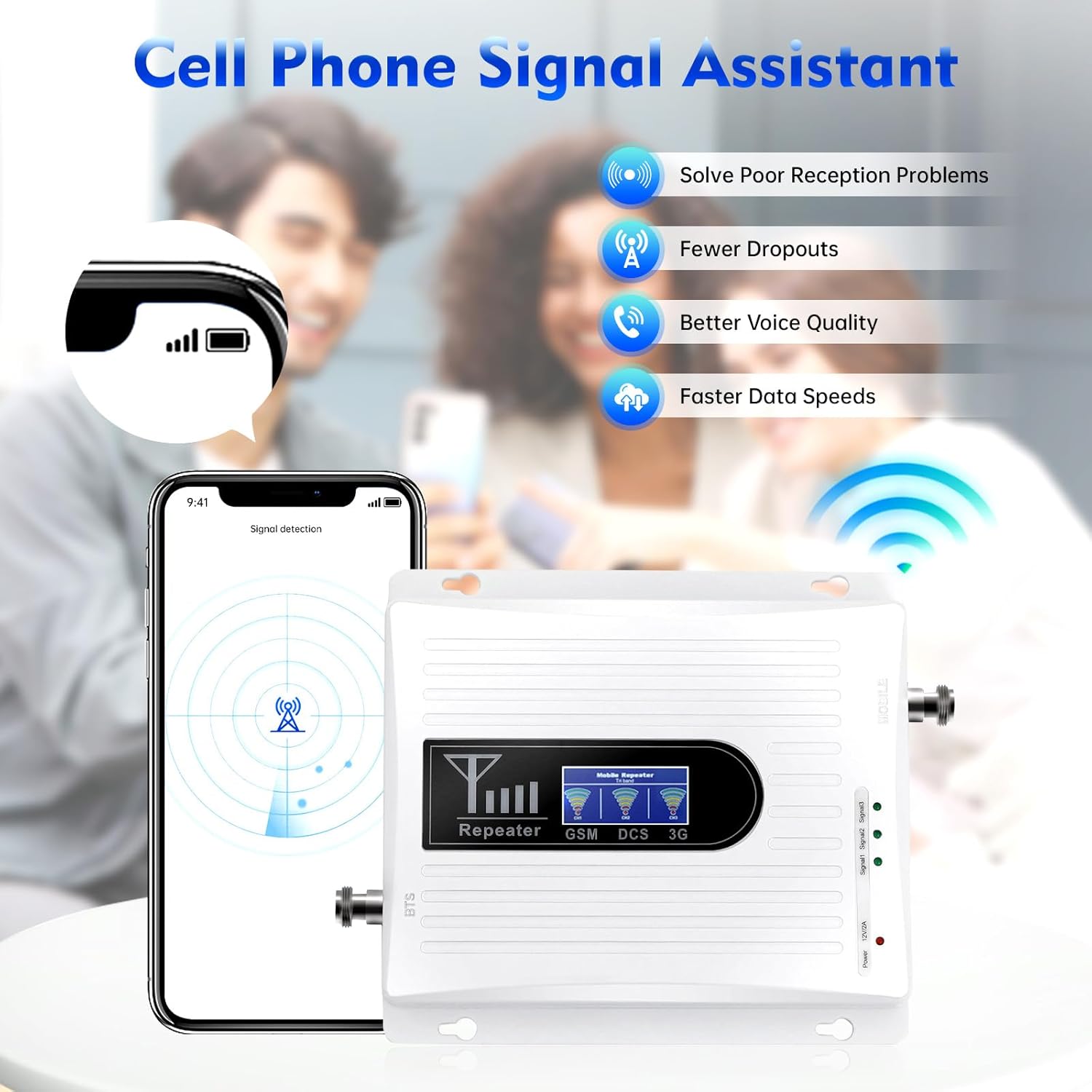 Cell Phone Signal Booster, GSM DCS WCDMA 900/1800/2100MHz Band Signal Amplifier Kit with Indoor Outdoor Antenna, 2G/3G/4G GSM Mobile Signal Amplifier for Home,Coverage Area up to 300-500