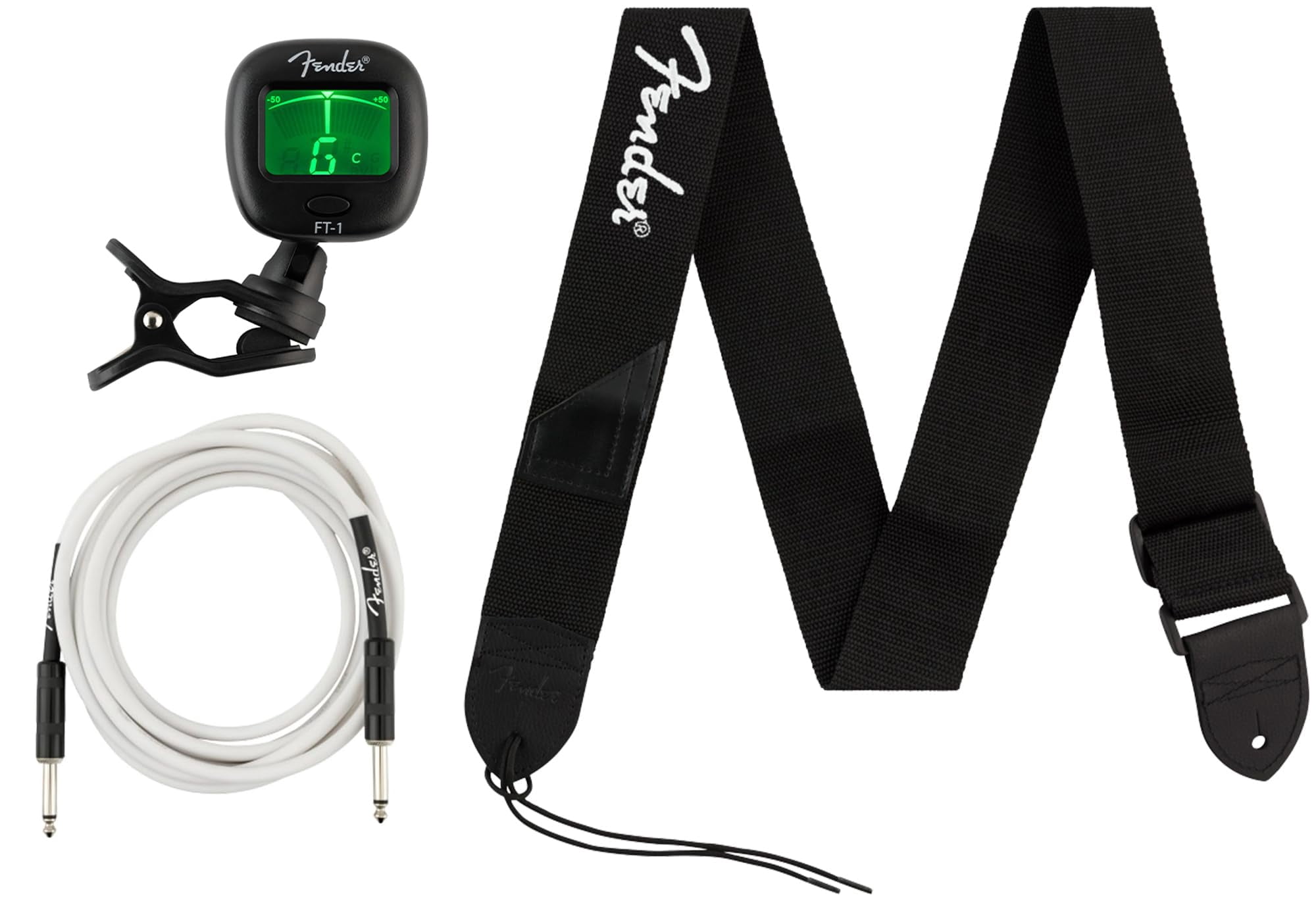 Fender Accessory Essentials Pack Bundle with Instrument Cable, Clip-On Tuner, Guitar Strap, 3-Pack Guitar Picks, and Austin Bazaar Polishing Cloth