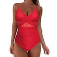 thumbnail image 4 of Sngxgn Swimsuit for Women Bathing Suit Cut Out Cross Back Tie Deep V Neck Ruched High Cut(Red,XL), 4 of 5