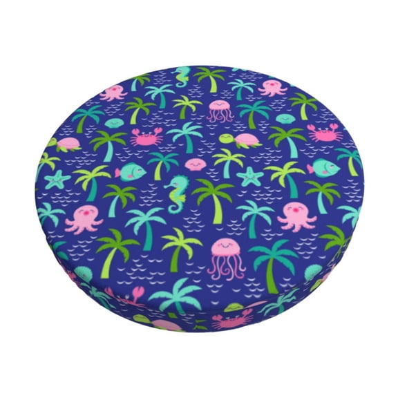 Hirioo sea animals with palm tree for Round Bar Stool Seat Covers Washable Stool Cushion Slipcover Elastic Bar Chair Covers for 12-14 Inch Chair-12 inch