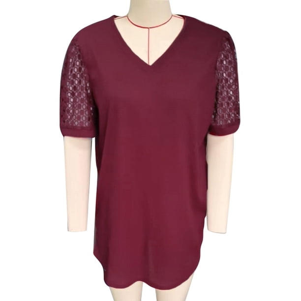 Camiseta de manga corta con cuello en V y encaje, camiseta de verano con cuello en V y encaje para mujer, camiseta de manga corta con cuello en V y encaje, rendimiento confiable